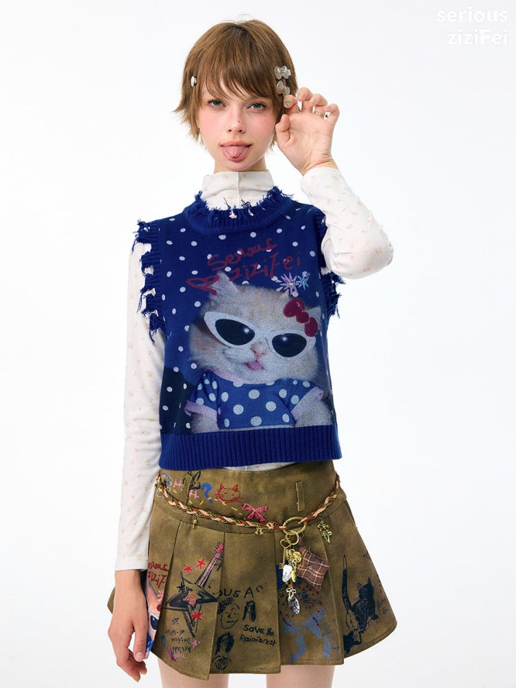 Vintage Navy Starry Sky Cat Print Sweet Cool Polka Dot Vest【s0000018417】