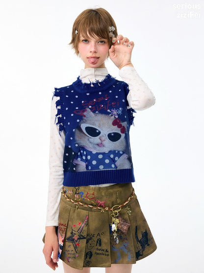 Vintage Navy Starry Sky Cat Print Sweet Cool Polka Dot Vest【s0000018417】