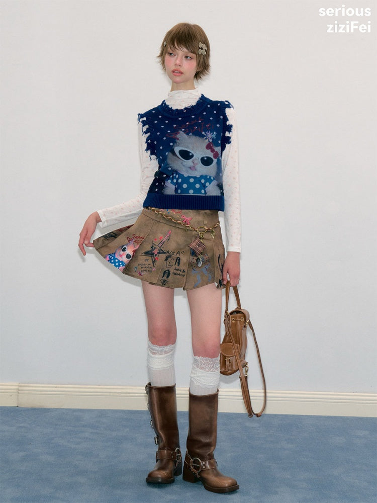 Vintage Navy Starry Sky Cat Print Sweet Cool Polka Dot Vest【s0000018417】