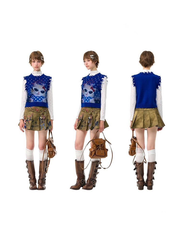 Vintage Navy Starry Sky Cat Print Sweet Cool Polka Dot Vest【s0000018417】