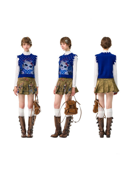 Vintage Navy Starry Sky Cat Print Sweet Cool Polka Dot Vest【s0000018417】