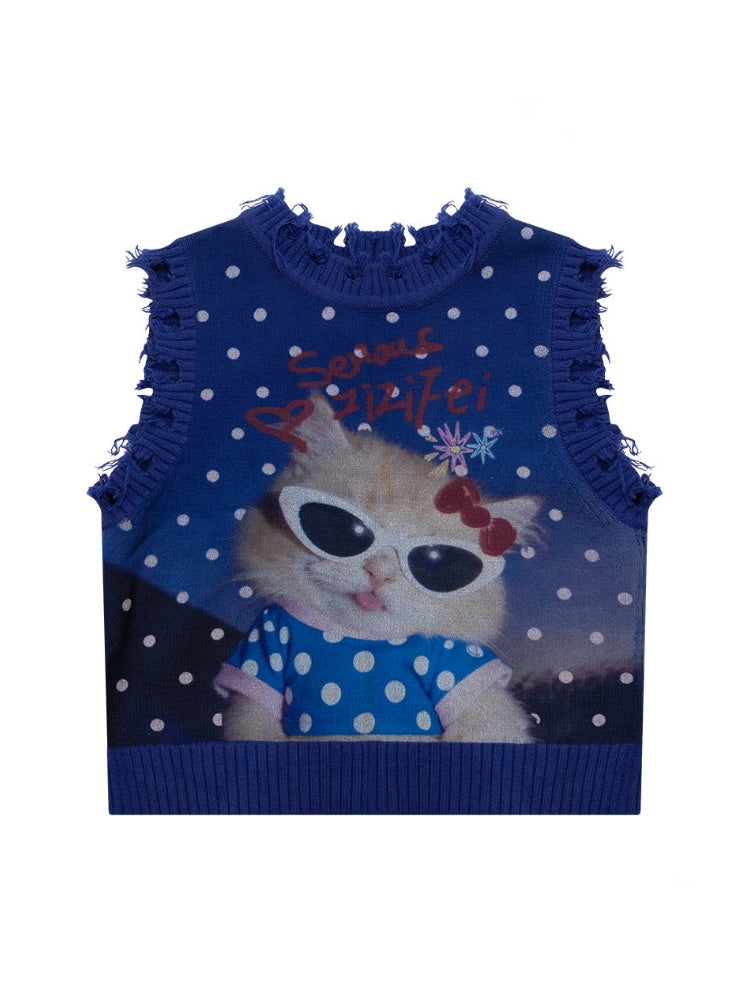 Vintage Navy Starry Sky Cat Print Sweet Cool Polka Dot Vest【s0000018417】