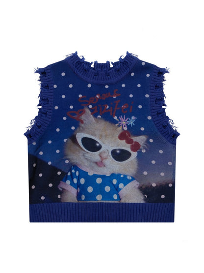 Vintage Navy Starry Sky Cat Print Sweet Cool Polka Dot Vest【s0000018417】
