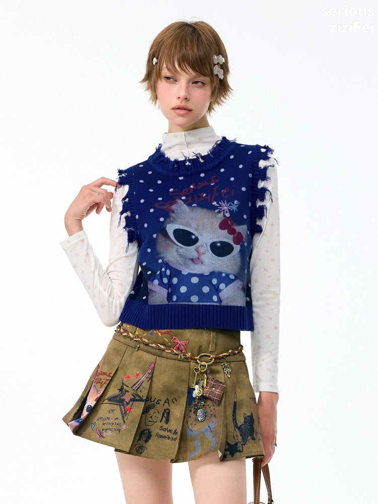 Vintage Navy Starry Sky Cat Print Sweet Cool Polka Dot Vest【s0000018417】