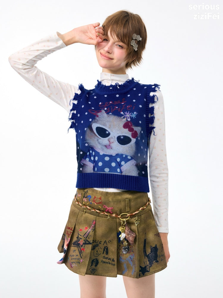 Vintage Navy Starry Sky Cat Print Sweet Cool Polka Dot Vest【s0000018417】
