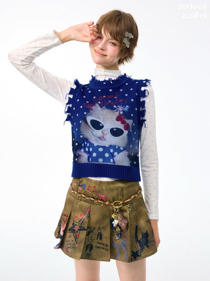 Vintage Navy Starry Sky Cat Print Sweet Cool Polka Dot Vest【s0000018417】