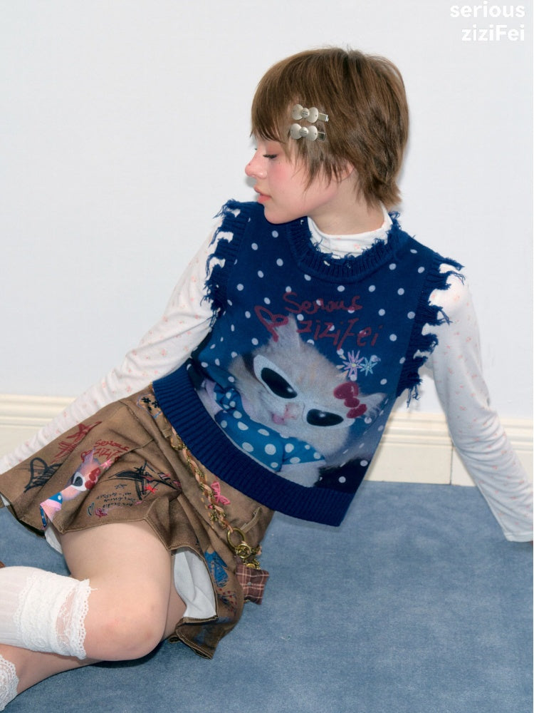 Vintage Navy Starry Sky Cat Print Sweet Cool Polka Dot Vest【s0000018417】