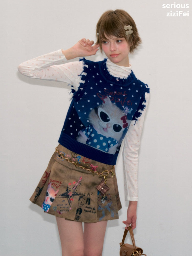 Vintage Navy Starry Sky Cat Print Sweet Cool Polka Dot Vest【s0000018417】