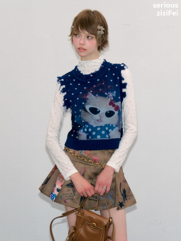 Vintage Navy Starry Sky Cat Print Sweet Cool Polka Dot Vest【s0000018417】