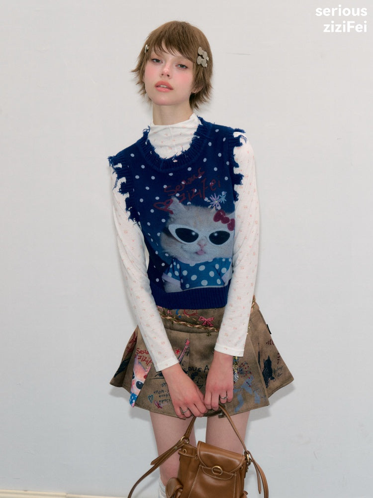 Vintage Navy Starry Sky Cat Print Sweet Cool Polka Dot Vest【s0000018417】