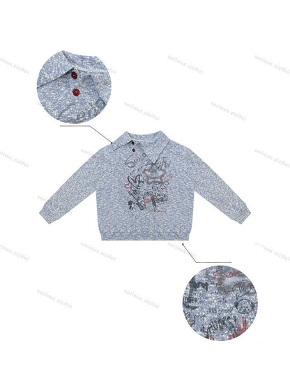 Star Mist Vintage Lazy Jacquard Slant Collar Light Blue Mixed Loose Sweatshirt【s0000018418】