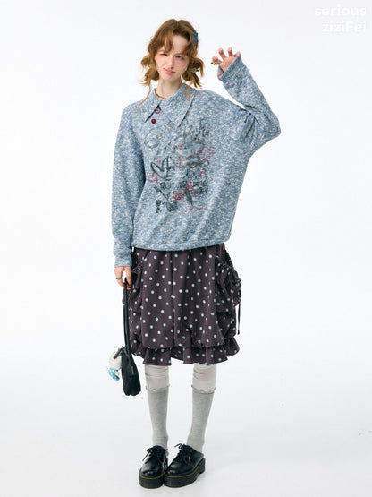 Star Mist Vintage Lazy Jacquard Slant Collar Light Blue Mixed Loose Sweatshirt【s0000018418】