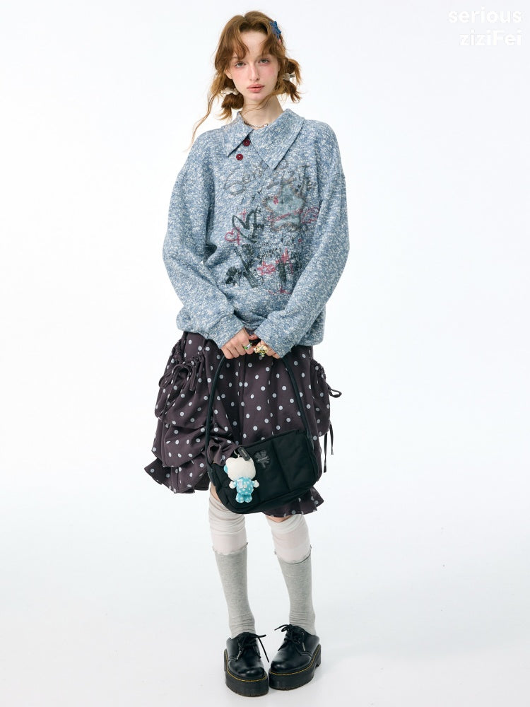 Star Mist Vintage Lazy Jacquard Slant Collar Light Blue Mixed Loose Sweatshirt【s0000018418】