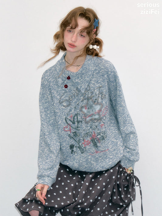 Star Mist Vintage Lazy Jacquard Slant Collar Light Blue Mixed Loose Sweatshirt【s0000018418】