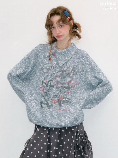 Star Mist Vintage Lazy Jacquard Slant Collar Light Blue Mixed Loose Sweatshirt【s0000018418】