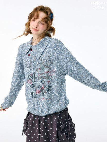 Star Mist Vintage Lazy Jacquard Slant Collar Light Blue Mixed Loose Sweatshirt【s0000018418】