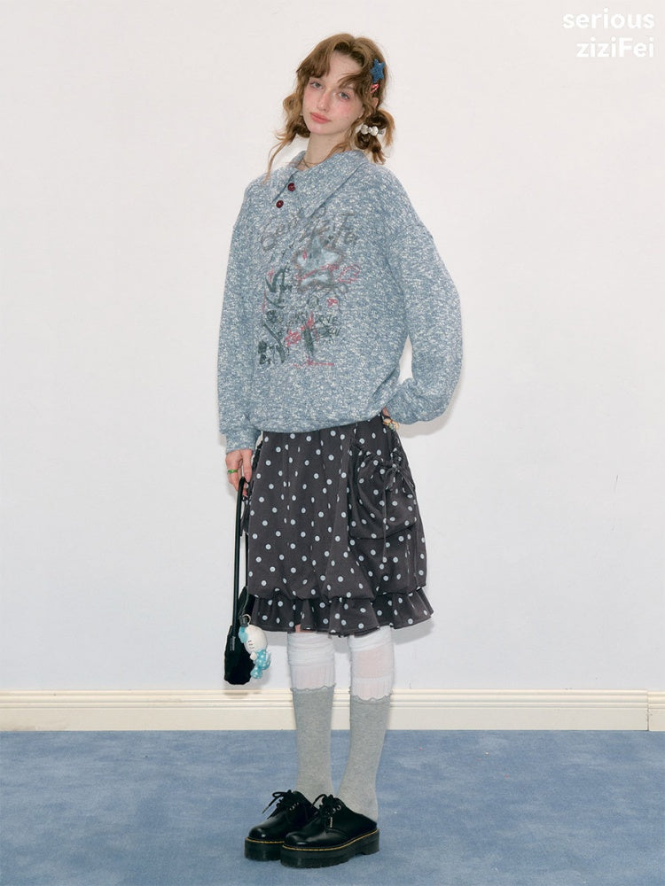 Star Mist Vintage Lazy Jacquard Slant Collar Light Blue Mixed Loose Sweatshirt【s0000018418】