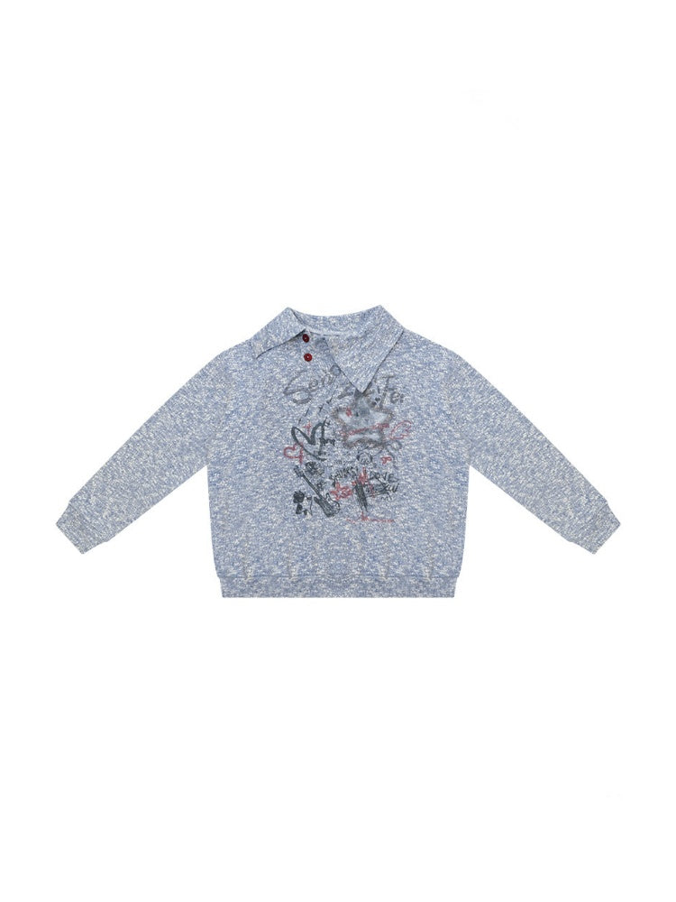 Star Mist Vintage Lazy Jacquard Slant Collar Light Blue Mixed Loose Sweatshirt【s0000018418】