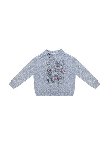 Star Mist Vintage Lazy Jacquard Slant Collar Light Blue Mixed Loose Sweatshirt【s0000018418】