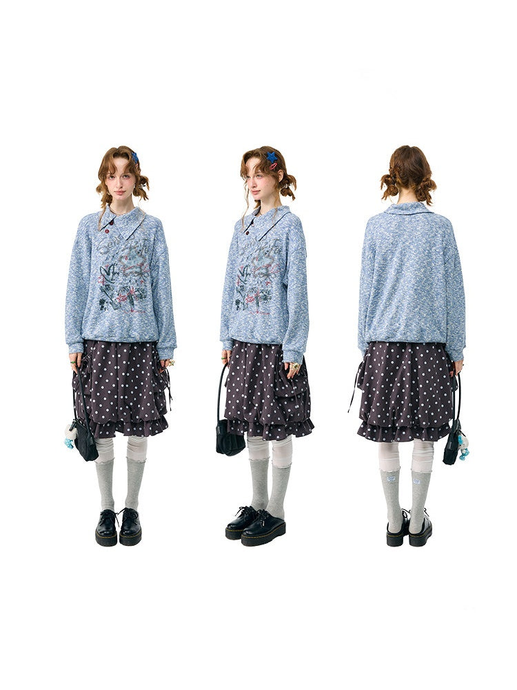 Star Mist Vintage Lazy Jacquard Slant Collar Light Blue Mixed Loose Sweatshirt【s0000018418】