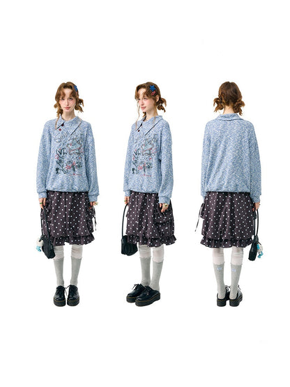 Star Mist Vintage Lazy Jacquard Slant Collar Light Blue Mixed Loose Sweatshirt【s0000018418】