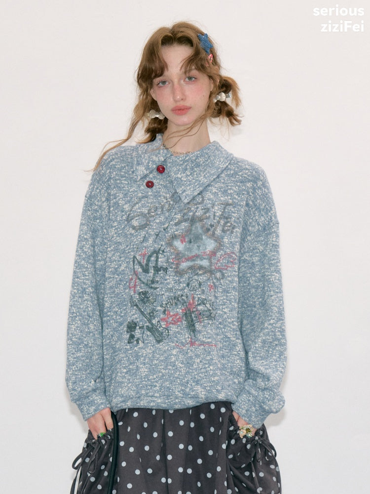 Star Mist Vintage Lazy Jacquard Slant Collar Light Blue Mixed Loose Sweatshirt【s0000018418】