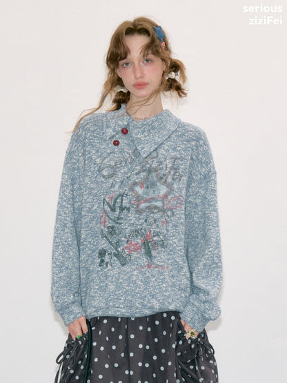 Star Mist Vintage Lazy Jacquard Slant Collar Light Blue Mixed Loose Sweatshirt【s0000018418】