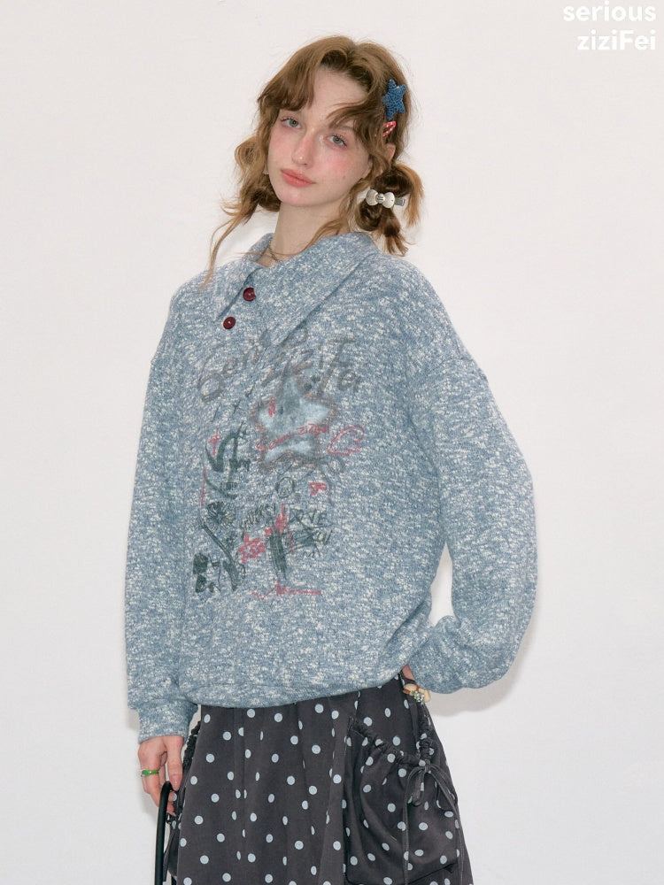Star Mist Vintage Lazy Jacquard Slant Collar Light Blue Mixed Loose Sweatshirt【s0000018418】