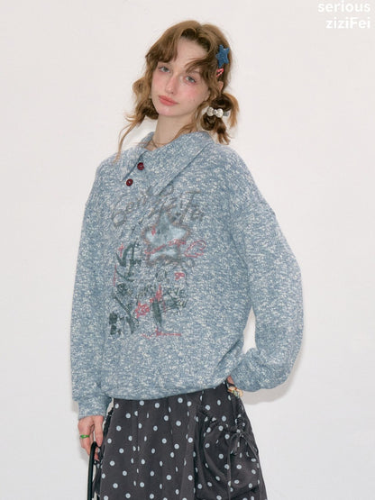 Star Mist Vintage Lazy Jacquard Slant Collar Light Blue Mixed Loose Sweatshirt【s0000018418】