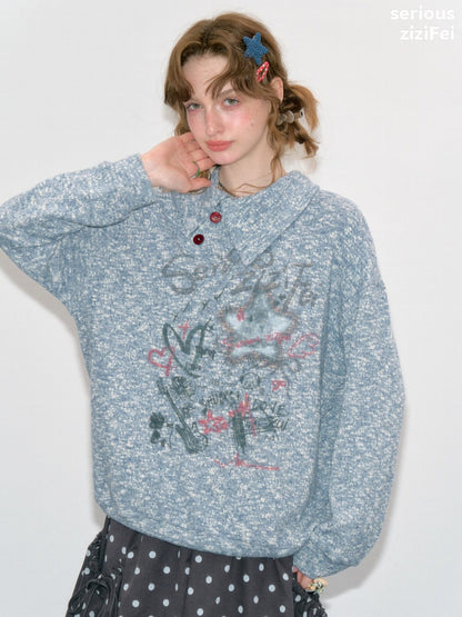 Star Mist Vintage Lazy Jacquard Slant Collar Light Blue Mixed Loose Sweatshirt【s0000018418】