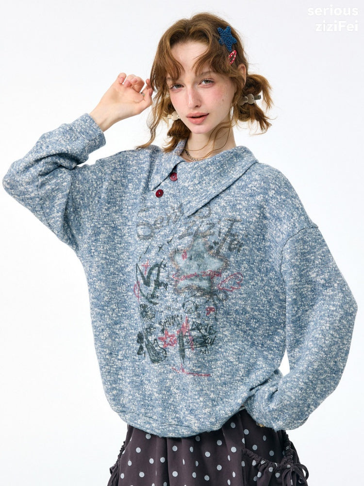 Star Mist Vintage Lazy Jacquard Slant Collar Light Blue Mixed Loose Sweatshirt【s0000018418】