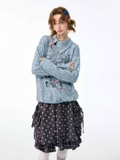 Star Mist Vintage Lazy Jacquard Slant Collar Light Blue Mixed Loose Sweatshirt【s0000018418】