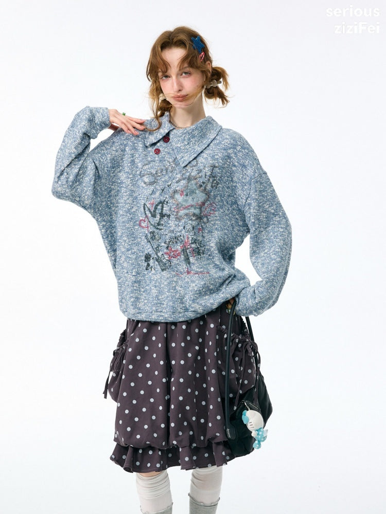 Star Mist Vintage Lazy Jacquard Slant Collar Light Blue Mixed Loose Sweatshirt【s0000018418】