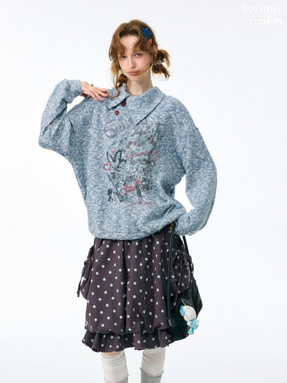 Star Mist Vintage Lazy Jacquard Slant Collar Light Blue Mixed Loose Sweatshirt【s0000018418】