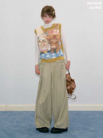 Meow Dream Vintage Yellow Cat Print Playful Girlish Slimming Vest【s0000018419】