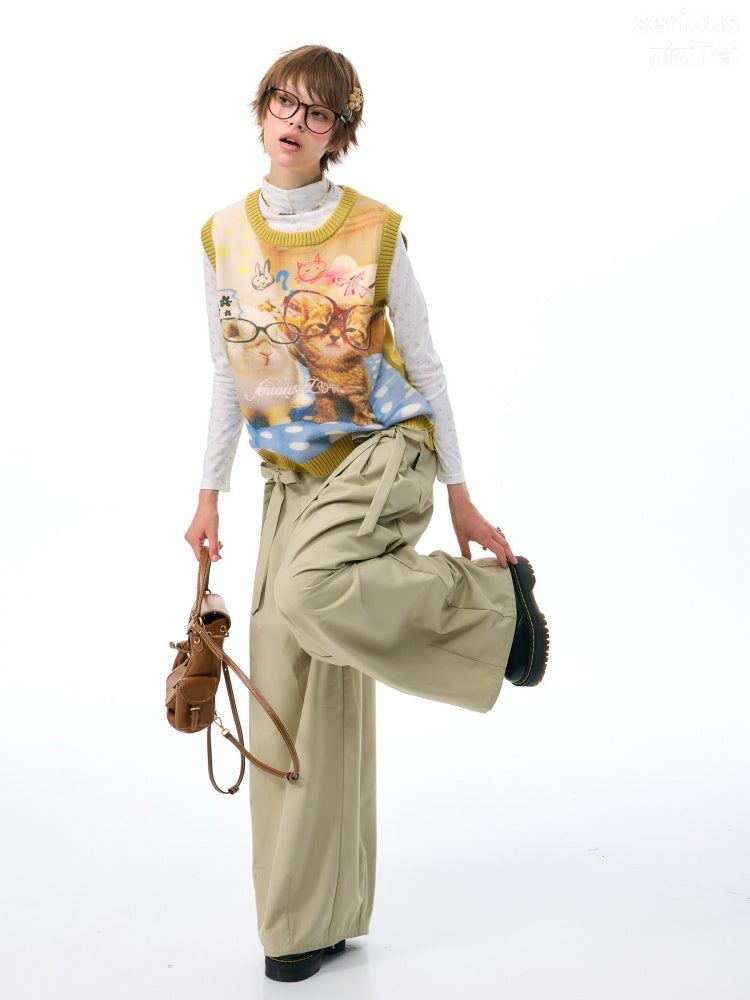 Meow Dream Vintage Yellow Cat Print Playful Girlish Slimming Vest【s0000018419】