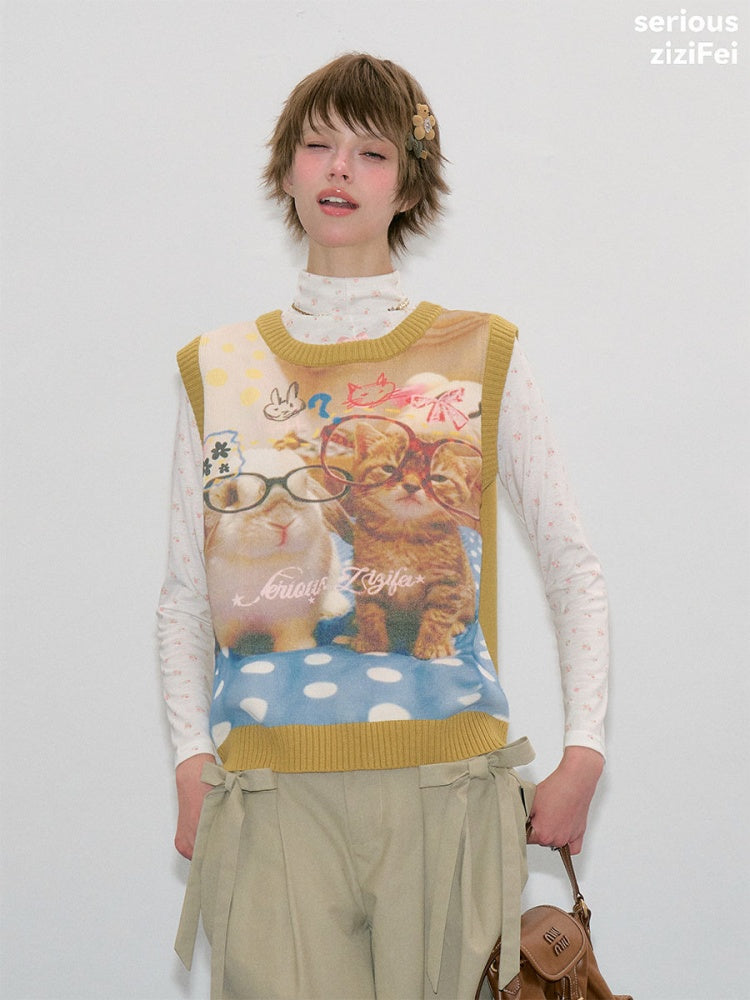 Meow Dream Vintage Yellow Cat Print Playful Girlish Slimming Vest【s0000018419】