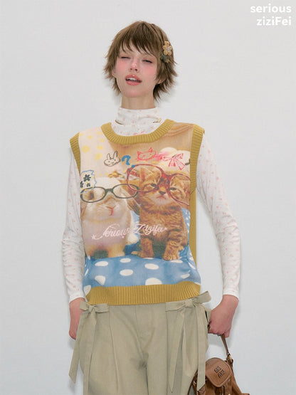 Meow Dream Vintage Yellow Cat Print Playful Girlish Slimming Vest【s0000018419】