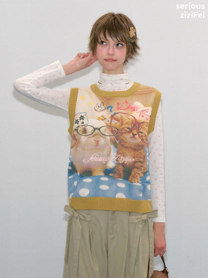 Meow Dream Vintage Yellow Cat Print Playful Girlish Slimming Vest【s0000018419】