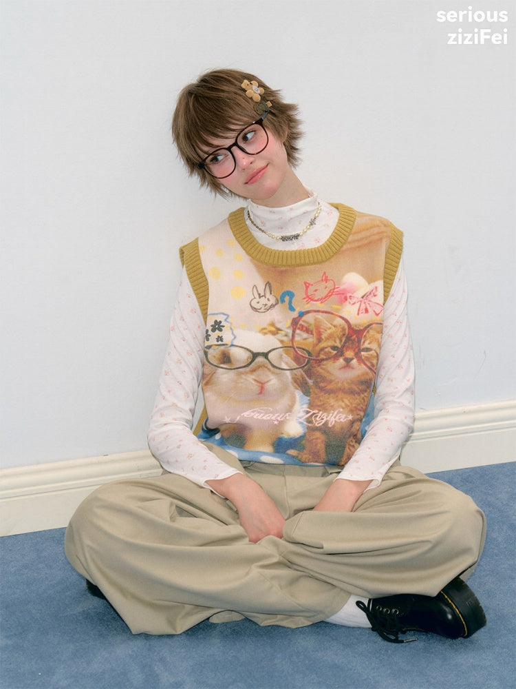 Meow Dream Vintage Yellow Cat Print Playful Girlish Slimming Vest【s0000018419】
