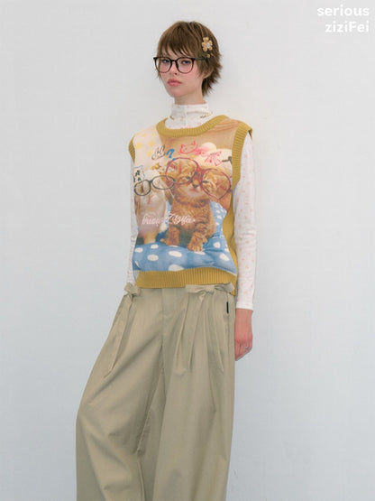Meow Dream Vintage Yellow Cat Print Playful Girlish Slimming Vest【s0000018419】