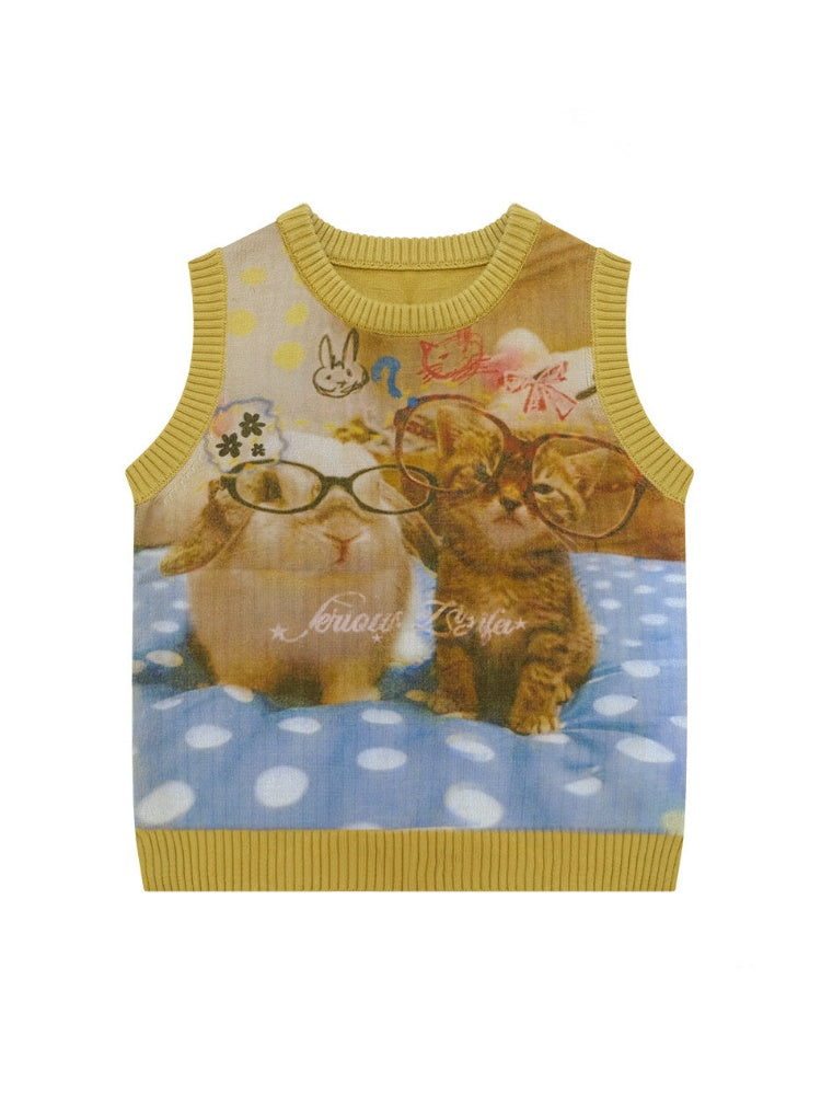 Meow Dream Vintage Yellow Cat Print Playful Girlish Slimming Vest【s0000018419】