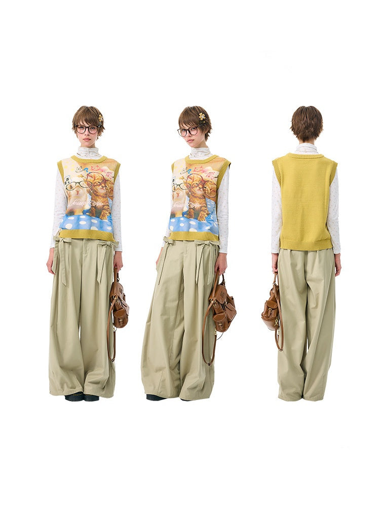 Meow Dream Vintage Yellow Cat Print Playful Girlish Slimming Vest【s0000018419】