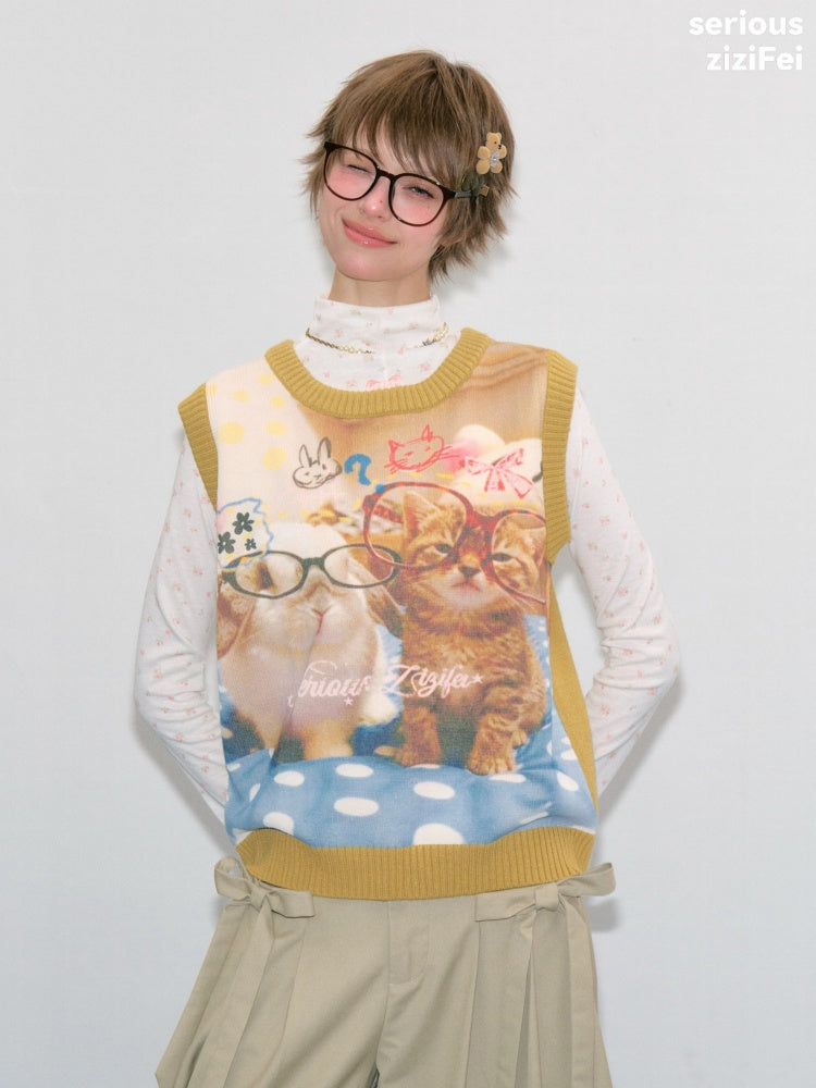 Meow Dream Vintage Yellow Cat Print Playful Girlish Slimming Vest【s0000018419】