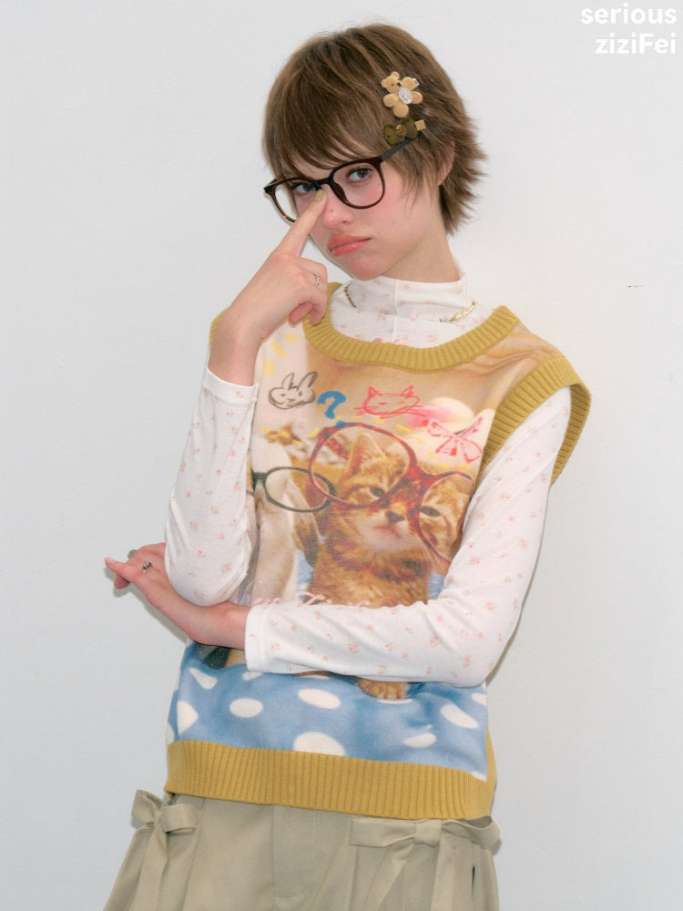 Meow Dream Vintage Yellow Cat Print Playful Girlish Slimming Vest【s0000018419】