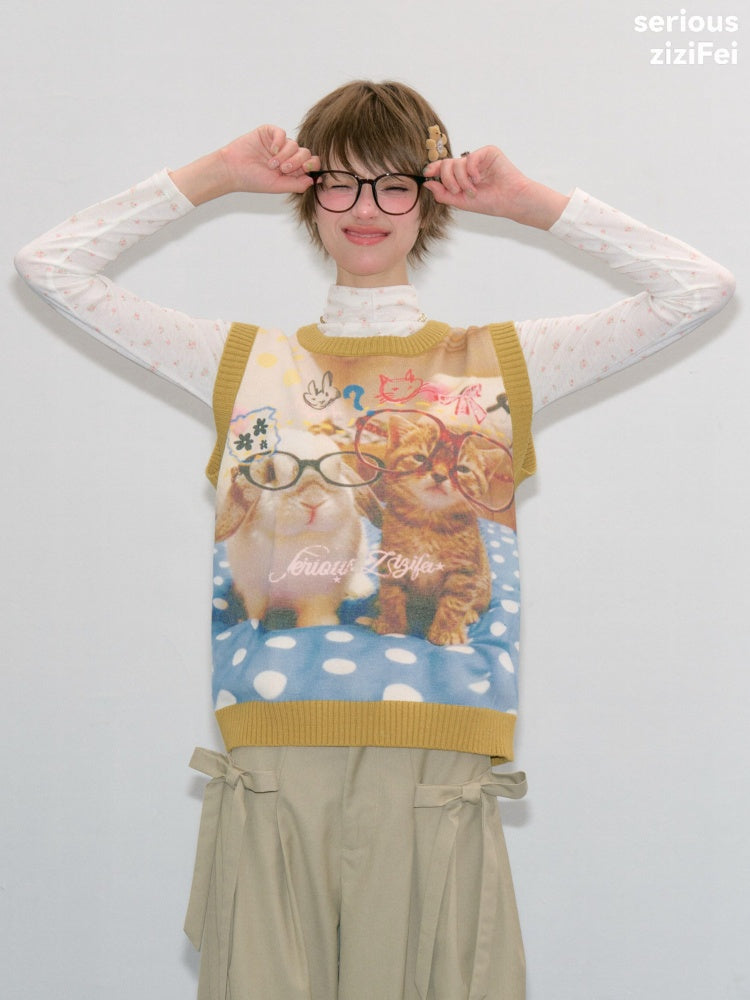 Meow Dream Vintage Yellow Cat Print Playful Girlish Slimming Vest【s0000018419】