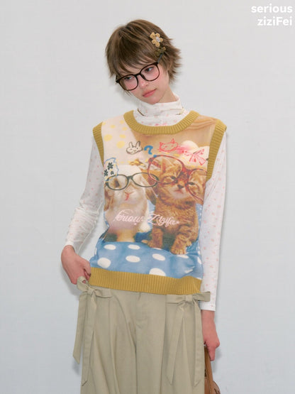 Meow Dream Vintage Yellow Cat Print Playful Girlish Slimming Vest【s0000018419】