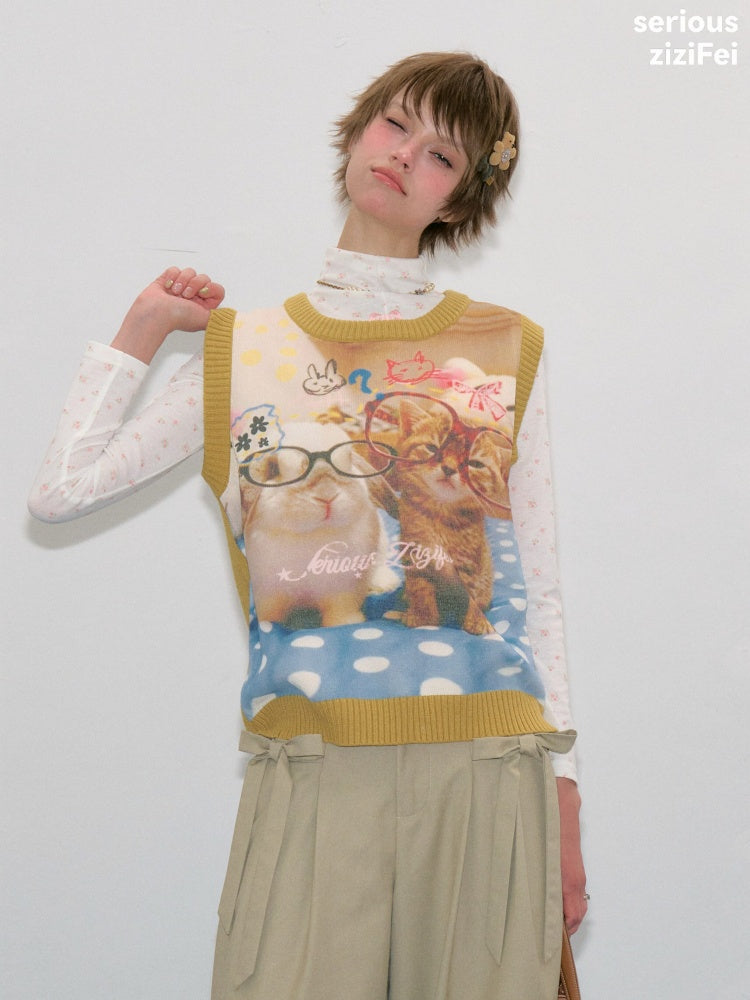 Meow Dream Vintage Yellow Cat Print Playful Girlish Slimming Vest【s0000018419】