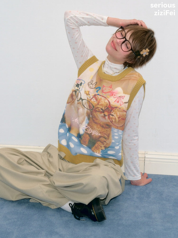 Meow Dream Vintage Yellow Cat Print Playful Girlish Slimming Vest【s0000018419】