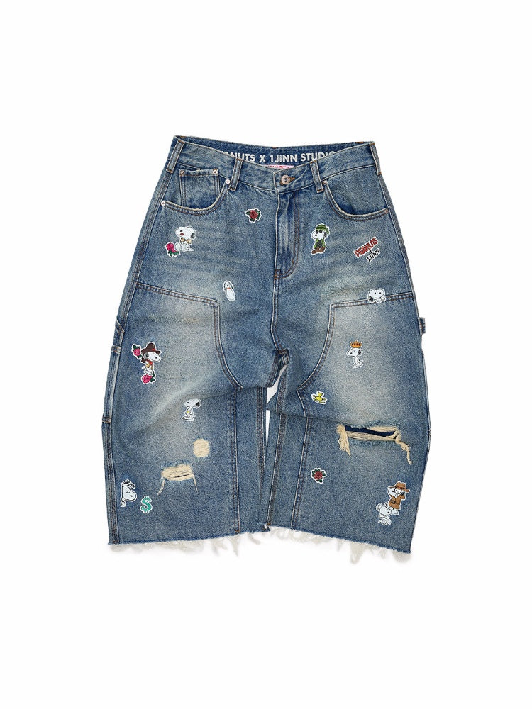 1JINN STUDIO x Snoopy Collaboration Sticker Print Vintage Street Loose Straight Leg Seven-Point Jeans【s0000018141】